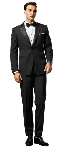 Formal male, businessman, solo, (35yo), classic hairstyle, clean shaven, black tuxedo, white dress shirt, black bow tie, black leather shoes, silver watch, confident posture, standing, realistic, cine