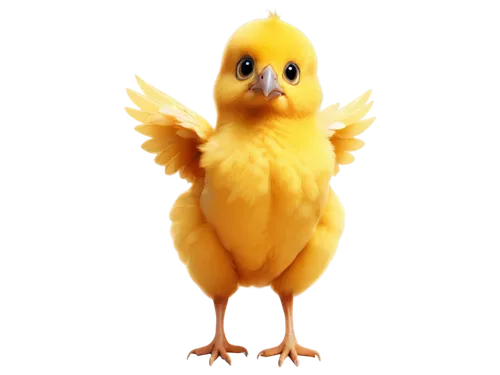 Yellow chick, cartoon style, small wings, fluffy feathers, beak open, bright curious eyes, standing pose, round body, soft texture, warm lighting, 3/4 composition, shallow depth of field.,yellow chick