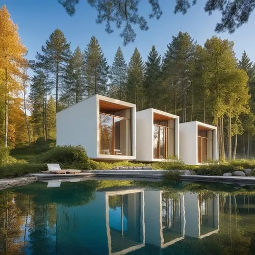 Diseño de 3 cabañas, estilo mínimalista a base de cubos recubiertos de lámina de acero con un ventanal panorámico qué mira  un lago, agua azul, reflejos, sombras, corrección de herrores, proporción, f