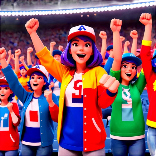 Crowd, cheering, excited faces, various ages, mixed genders, sports jerseys, baseball caps, colorful wigs, waving flags, foam fingers, hands in air, jumping up and down, standing on chairs, bright sta