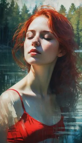 girl on the river,rusalka,world digital painting,triss,red head,siren,redd,the blonde in the river,water nymph,digital painting,immersed,fantasy portrait,redheads,melisandre,underwater background,digital art,shades of red,red skin,submerged,naiad,Conceptual Art,Fantasy,Fantasy 19