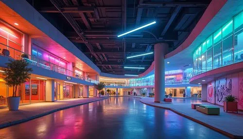 colored lights,masdar,futuristic art museum,shopping mall,arcades,cyberport,cybertown,school design,malls,galleria,colorful light,technopolis,mvrdv,shopping center,cybercity,hypermodern,arcade,factory hall,atriums,graecorum,Photography,General,Realistic