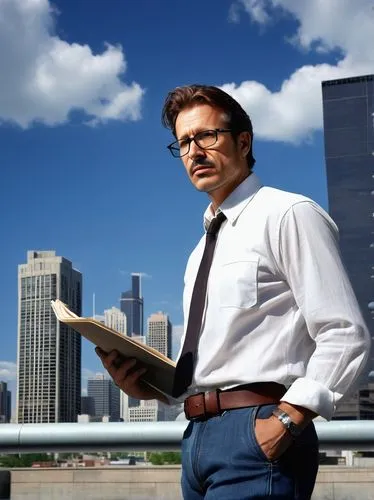 Middle-aged male architect, standing, confident pose, black-framed glasses, short brown hair, facial stubble, white shirt, rolled-up sleeves, dark blue jeans, black leather belt, holding blueprints, p