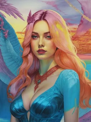 the woman is wearing pink hair and blue dress,mermaid background,mermaid vectors,liliana,sirena,margairaz,fantasy woman,Illustration,Realistic Fantasy,Realistic Fantasy 25