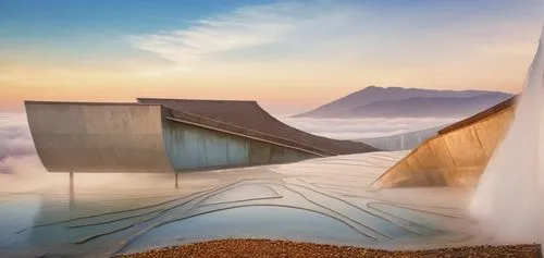 WATER COLOR RENDER,futuristic art museum,water wall,twelve apostles,the twelve apostles,futuristic landscape,calatrava,mists over prismatic,wave of fog,futuristic architecture,dunes house,geothermal e