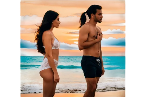 couples, romantic, young adult, embracing, kissing, sunset beach, golden sand, turquoise water, palm trees, gentle waves, warm light, soft focus, cinematic composition, 3/4 view, shallow depth of fiel