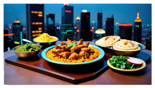 Colorful Indian food, various dishes, steaming hot, aromatic spices, basmati rice, naan bread, tandoori chicken, biryani, samosas, papadum, mint chutney, cilantro garnish, golden brown crispy onions, 