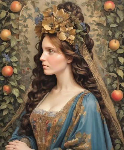 girl in a wreath,golden wreath,rose wreath,persephone,principessa,perugini,Digital Art,Impressionism