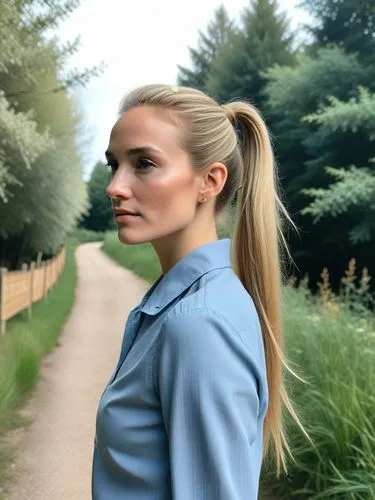 The picture shows a person with long, blond hair tied back in a high ponytail, standing barefoot outdoors in a wooded area. In the background are trees, bushes and a hint of a small fence in the middl