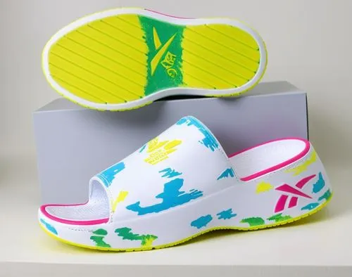 Open toe EVA material slide, embossed Reebok logo, white with green, blue, magenta, and yellow color splash color scheme ,EVA slide 3 ,children's shoes,toddler shoes,baby shoes,baby tennis shoes,doll 