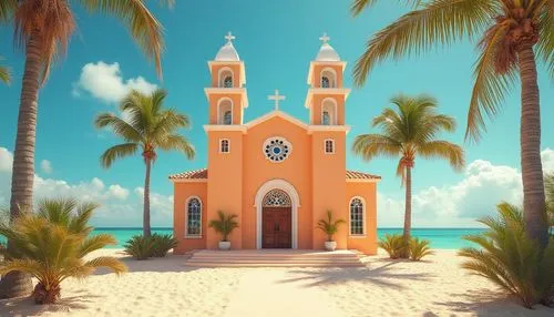 Warm apricot color, beach church, exterior, bright sunny day, clear blue sky, few white clouds, palm trees surrounding, sand-covered path leading to entrance, stained glass windows, ornate wooden door