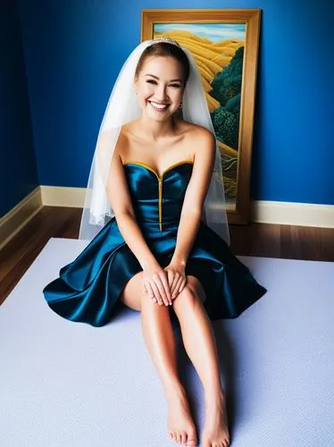 The most enchanting smile I've ever seen.,a woman sitting on the floor in front of a painting,wedding photo,blonde in wedding dress,quinceanera,blue dress,wedding photography,pre-wedding photo shoot