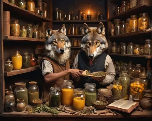 Two wolves, medieval fantasy, apothecary shop, wooden shelves, ancient tomes, mysterious potions, dimly lit, warm candlelight, stone walls, worn wooden floorboards, herbalism, mystical artifacts, old-