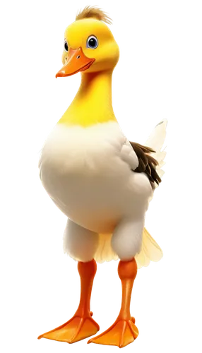 Yellow duck, cartoon style, shiny feathers, orange beak, bright eyes, fluffy tail, standing posture, one leg lifted, quacking mouth, exaggerated facial expression, comic composition, warm lighting, so