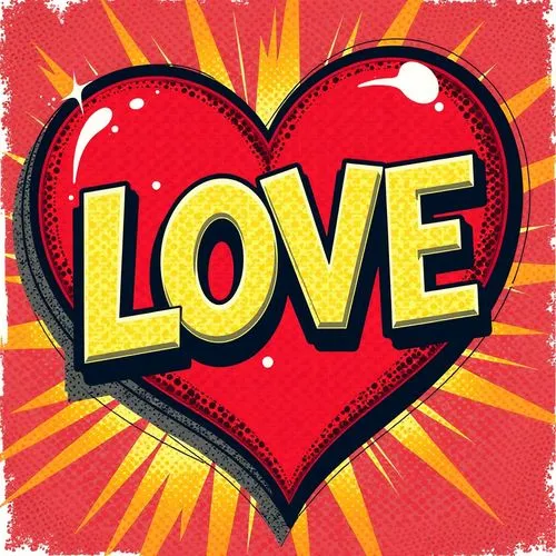 Pop Art. Close-up. The word "LOVE" encased in a heart. Medium shot. Gareth Edwards and Roy Lichtenstein comic book style. Bold, bright, and colorful typography with Ben-Day dots. A distressed texture 