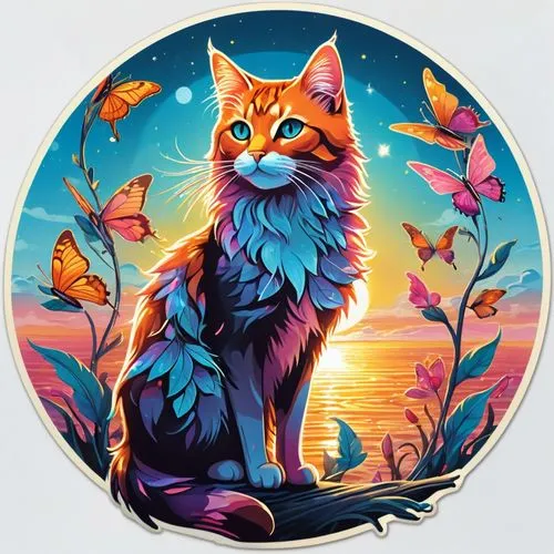 As the sun begins to set, a wooden cat with vibrant colors fills the table, its feathers that gleam in the light. The orange and pink hues of the Butterflie sit behind it, twinkling like glowing golde