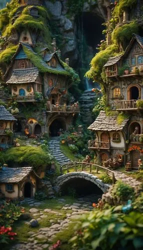 alpine village,fairy village,popeye village,mountain village,escher village,mountain settlement,aurora village,scandia gnomes,villages,knight village,fantasy landscape,3d fantasy,fairy house,mud village,bird kingdom,gnomes,nativity village,wooden houses,mushroom landscape,studio ghibli,Photography,General,Fantasy