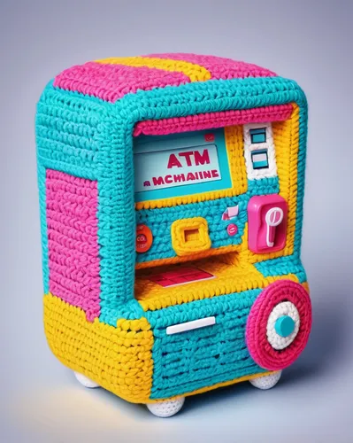 crochet toy, cute ATM-machine style,toy cash register,kids cash register,lego pastel,cash register,retro items,radio-controlled toy,piggybank,knitting laundry,gumball machine,personal computer,newspap