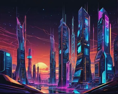 futuristic landscape,cybercity,cityscape,synth,metropolis,fantasy city,cyberia,cybertown,areopolis,city skyline,monoliths,cyberport,colorful city,dusk background,kaleidoscape,cyberworld,beautiful wallpaper,vast,alien world,futuristic,Unique,Design,Sticker