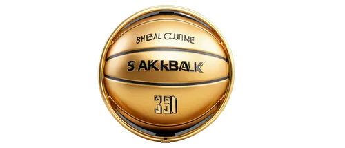 Transparent background, basketball logo, golden metal texture, circular shape, 3D effect, glossy finish, detailed stitching, leather pattern, bright arena lights, shallow depth of field, high contrast