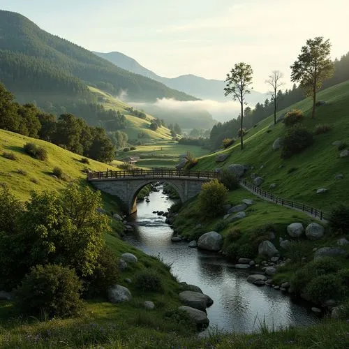 \Seamless valley integration, lush green hillsides, winding streams, rustic stone bridges, wooden fences, rural landscapes, rolling terrains, misty mornings, warm sunlight, soft focus, atmospheric per