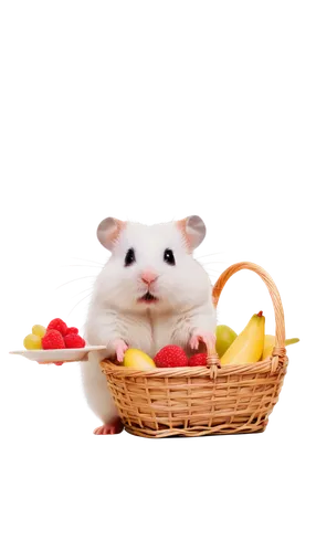 Cute hamster, white fur, pink ears, tiny paws, whiskers, standing on hind legs, holding food, basket fill with fruits, soft focus, warm lighting, shallow depth of field, pastel color tone, 3/4 composi