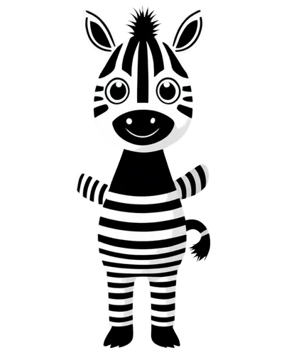 Cartoon zebra, clip-art style, simple shape, black and white stripes, cute expression, big eyes, smiling face, standing pose, front view, 2D illustration, bold lines, bright colors, playful atmosphere