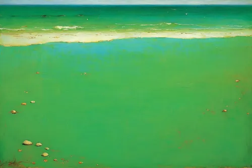 Imagine a serene beach with smooth pebbles scattered along the shore.,emerald sea,green water,matruschka,green algae,sea,greens beach,sea landscape,seawater,algae,beach landscape,sea water,ocean,seash