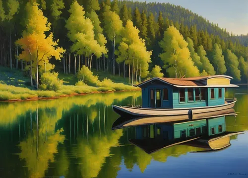 boat landscape,houseboat,wooden boat,river landscape,row boat,fishing float,picnic boat,house with lake,mountain lake,boathouse,water boat,row-boat,landscape background,boat house,painting technique,mountainlake,beautiful lake,high mountain lake,calm water,canim lake,Art,Classical Oil Painting,Classical Oil Painting 11