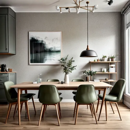 modern Scandinavian style office with wooden table and green chairs, muted colors in minimalist style, bright muted colors, houzz, interior photography, fashionable modern atmosphere, modern color, ec