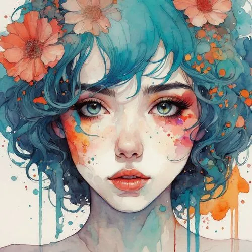 kommuna,flora,krita,colorful floral,girl in flowers,fantasy portrait,hoshihananomia,flower fairy,falling flowers,decora,kahila garland-lily,digital illustration,soft pastel,hydrangeas,girl portrait,myosotis,flower girl,watercolor blue,illustrator,digital art,Illustration,Paper based,Paper Based 19