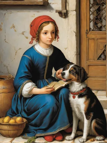 Write a heartwarming tale where micheline befriends a stray puppy and helps find it a loving home.,girl with dog,boy and dog,girl with bread-and-butter,woman holding pie,child with a book,girl in the 