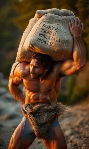 a muscular man carries a heavy stone on his back, he has a furry underwear,a man with big bags on his head,physiques,pec,bufferin,musclebound,sandbag,nudelman,Photography,General,Cinematic