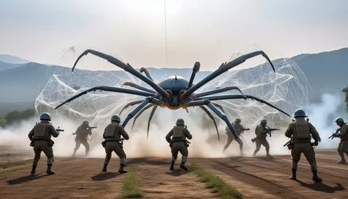 In a surreal, futuristic scene, a scene unfolds before your eyes. Soldiers, dressed in armor and mortars, fly through the air with sharp precision. In the background, a menacing figure dressed in a tr