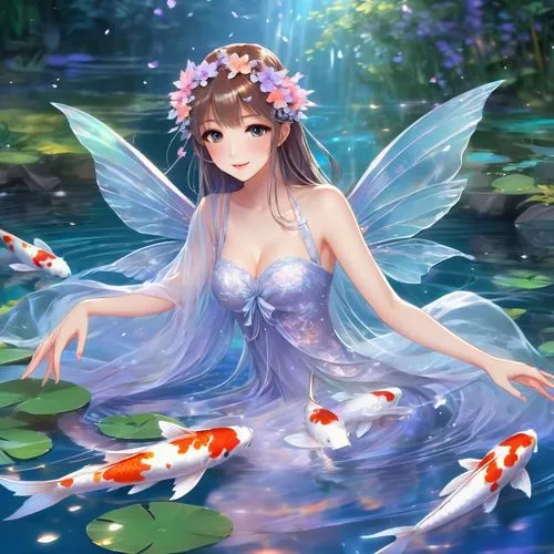 water nymph,kupala,mermaid background,fairie,naiad,rusalka,ophelia,titania,sirene,naiads,faerie,underwater background,undine,fairy,flower fairy,fairy queen,nereids,amphitrite,merfolk,fairy penguin,Illustration,Japanese style,Japanese Style 03