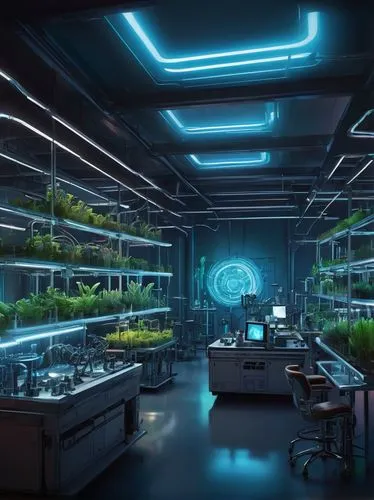 Biological laboratory, futuristic interior, sleek glass walls, steel frames, neon lights, complex piping system, futuristic machinery, various biotechnical equipment, microscopes, petri dishes, test t