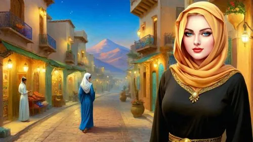 Romantic masterpiece oil painting, cute busty girl portrait, tight abaya dress, nostalgic 1950's style kitsch, breathtaking beautiful landscape, majestic Arabain desert scenery, exotic street bazaar, 