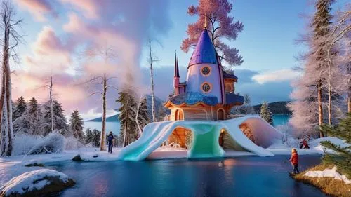 a large water slide next to a forest filled with snow,ice castle,ski resort,santa's village,finlandia,lapland,north pole,Photography,Documentary Photography,Documentary Photography 25