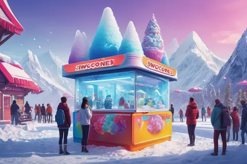 Imagine a futuristic world where people consume virtual snowcones as a form of entertainment.,snowcone,ice cream stand,snow cone,ice cream shop,frozen dessert,sno-ball,snowhotel,winter festival,artifi