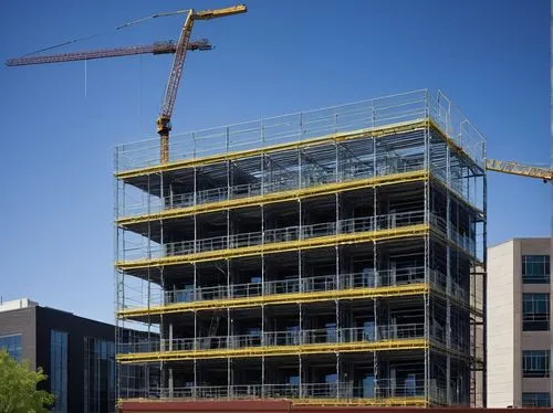 Modern architectural building, Raleigh NC, urban cityscape, daytime, sunny weather, blue sky, few white clouds, contemporary design, steel frame structure, welding sparks, construction workers in yell