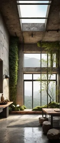 amanresorts,zumthor,cryengine,interior modern design,roof landscape,3d rendering,moss landscape,ryokan,render,fallingwater,home landscape,virtual landscape,modern room,living room,wooden windows,house in mountains,livingroom,forest house,loft,3d render,Conceptual Art,Oil color,Oil Color 03