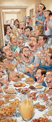 Create a suspenseful scene where a group of friends discover a hidden room filled with nothing but lactose-filled foods.,placemat,gluttony,nursing home,breakfast buffet,cartoon people,jigsaw puzzle,bu