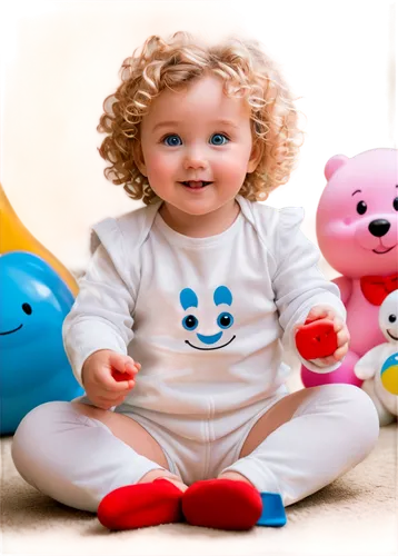 Cute toddler girl, curly blonde hair, big blue eyes, rosy cheeks, tiny nose, smiling face, chubby hands, white onesie with cartoon characters, sitting on floor, playing with toys, soft focus, warm lig