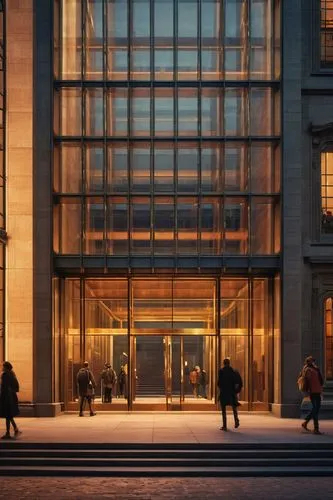 New York City, metropolitan museum, modern architectural design, grand entrance, glass facade, steel structure, geometric shapes, symmetrical composition, evening lighting, warm glow, urban landscape,