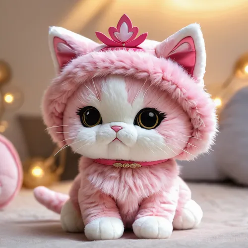 Plush toy, chibi, a pink kitten with an adorable headdress stands in front of the plush toy, facing forward,,pink cat,doll cat,cute cat,cat kawaii,blossom kitten,animals play dress-up,pink bow,kitten 