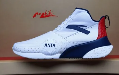 Sock material upper, leather heel spine, stitched logo on vamp, circle patch with ANTA name logo, custom rubber sole with gel inlay, gel trim around toe line, all white, with navy, and red accent colo