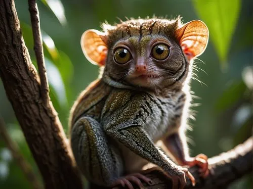 Tarsier, Madagascar, unique animal, nocturnal, carnivorous, long tail, white stripes on back, large eyes, pointed ears, dry forest, tropical trees, vines, exotic plants, warm sunlight filtering throug