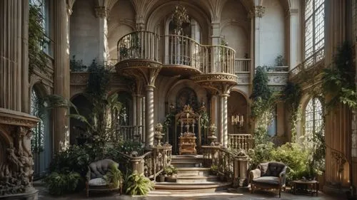 large, fancy hall with two staircases and a few chairs,baroque,mirogoj,palladianism,rococo,renaissance,driehaus,Photography,General,Fantasy