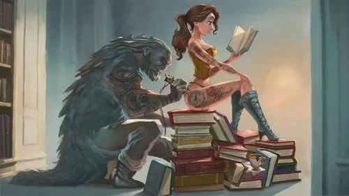 girl with dog,fantasy picture,bibliophile,bookworms,sci fiction illustration,girl studying