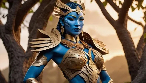 Elegant Na'vi warrior, mature lady, blue skin, intricate braids, golden jewelry, muscular toned arms, chest armor, leather gloves, exotic eyes, detailed facial markings, standing proudly, misty forest